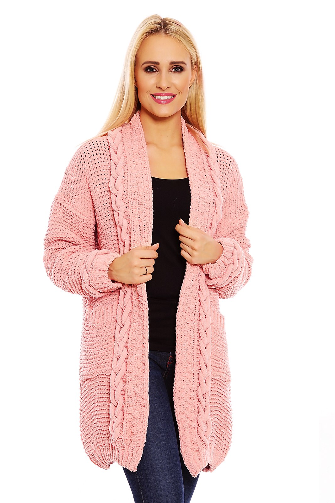Cardigan calduros cu guler tricotat, Roz, S-L