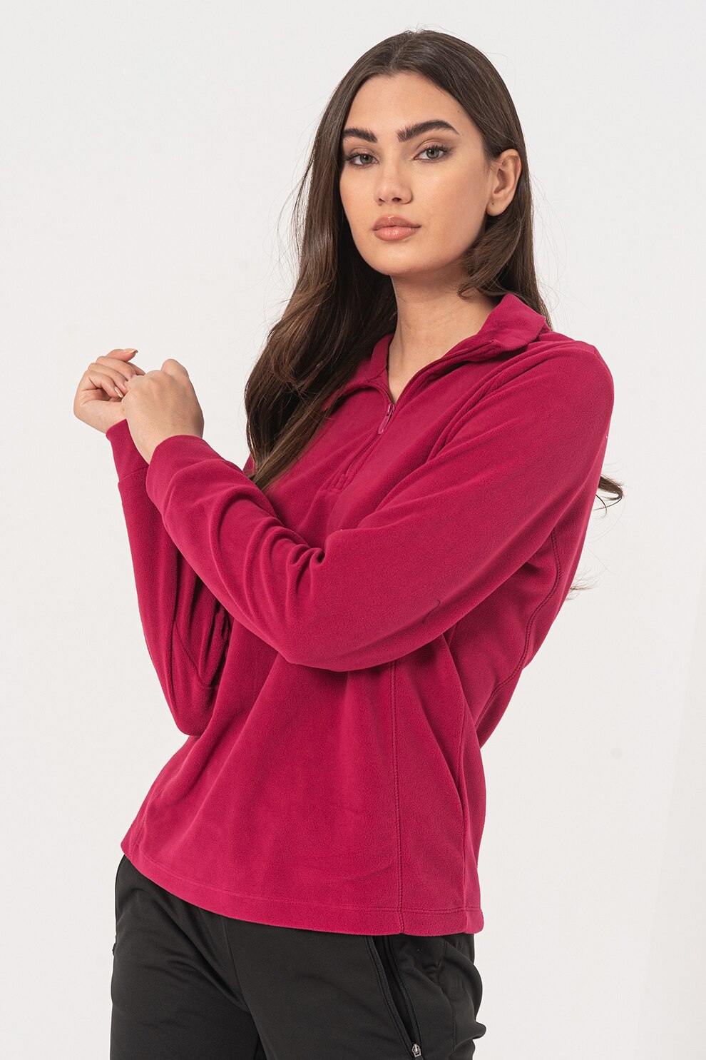 CMP, Bluza sport din fleece cu guler cu fermoar, adecvata pentru sporturile de iarna, Roz fandango