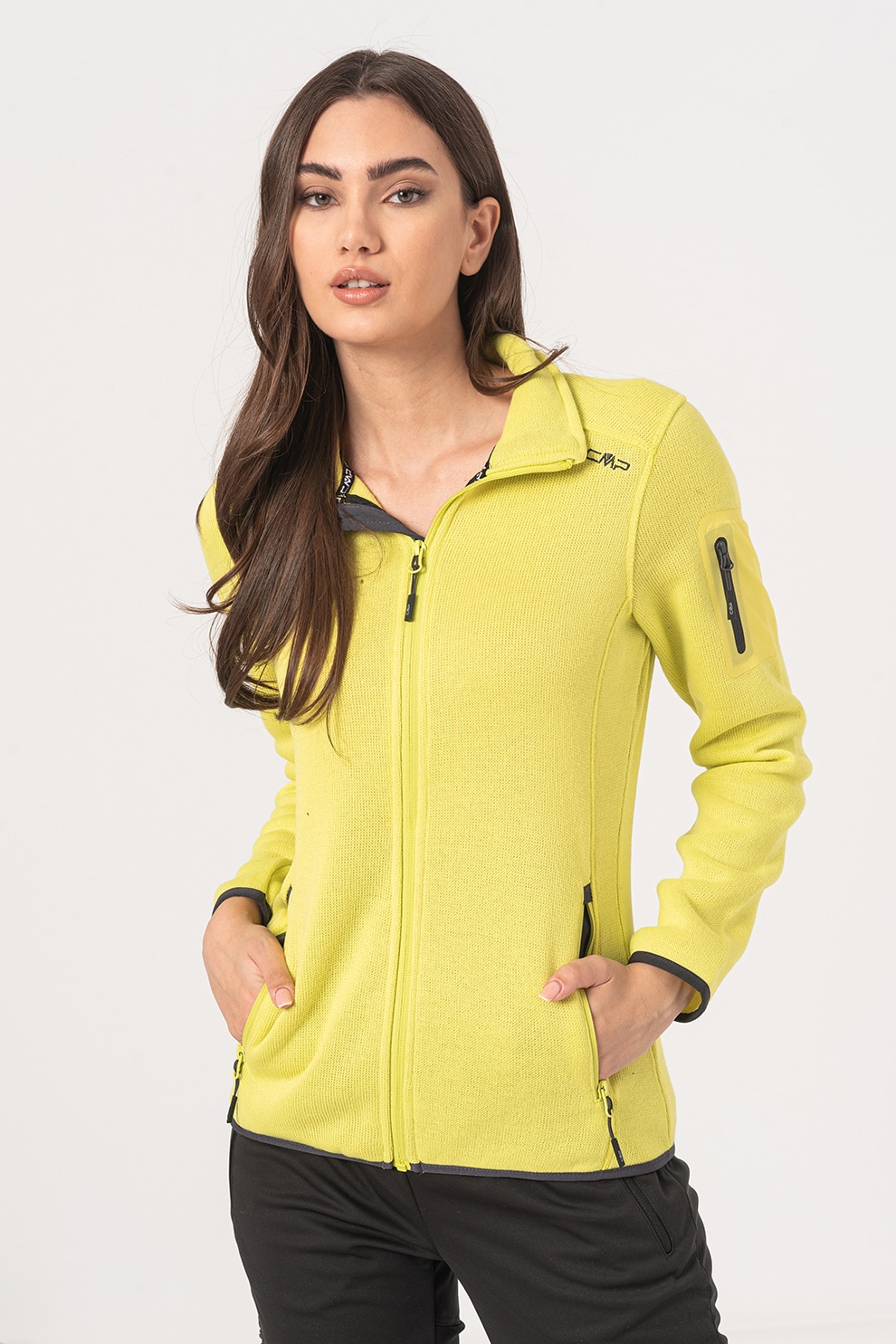 CMP, Bluza sport cu fermoar, pentru trekking Knit-Tech, verde lime, gri inchis
