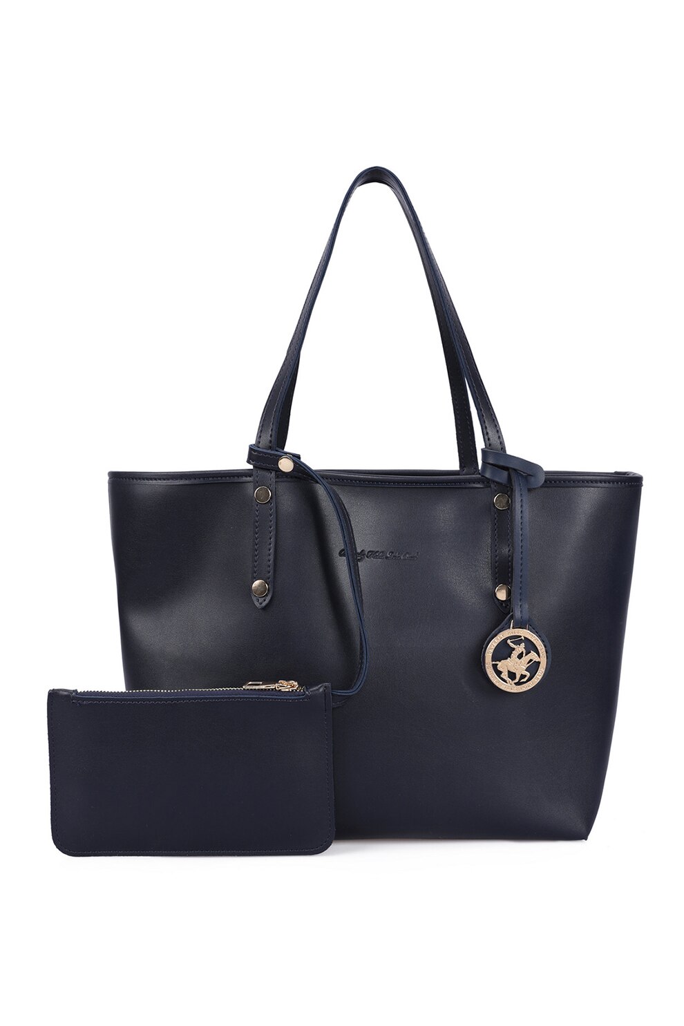 Beverly Hills Polo Club, Geanta shopper reversibila de piele ecologica cu etui detasabil, Negru/Bleu
