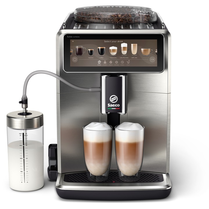 Espressor complet automat Saeco Xelsis Suprema SM8885/00, 15 bari, 22 specialitati de cafea, 8 profile de utilizator, 15 bar, interfata Coffee Maestro, tehnologie BeanMaestro, functie LatteDuo, rasnita ceramica, filtru Aqua Clean, Gri