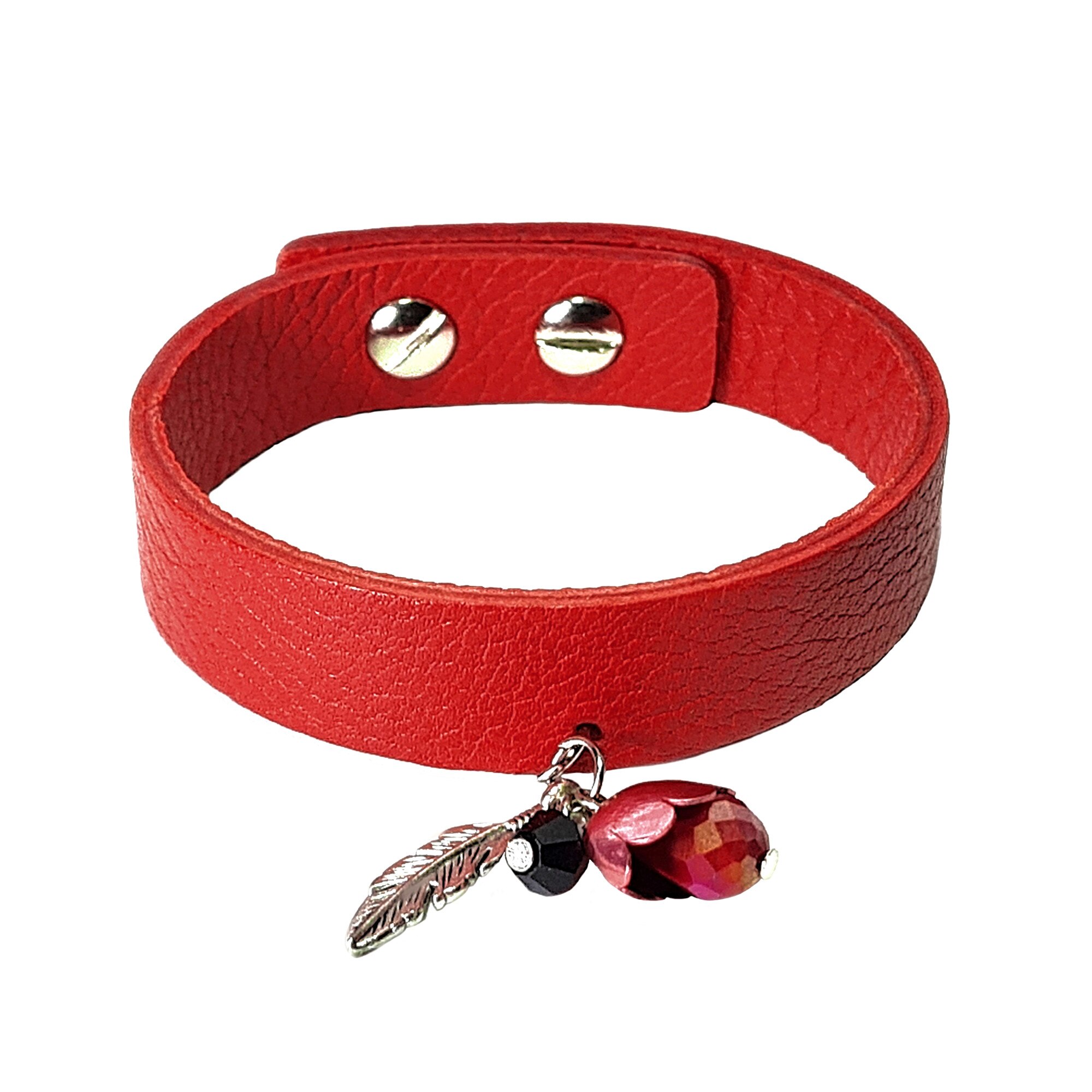 Bratara Decoranna Handcraft Charm Boboc, piele naturala lucrata manual, cu accesorii metalice si margele de Cehia, rosie
