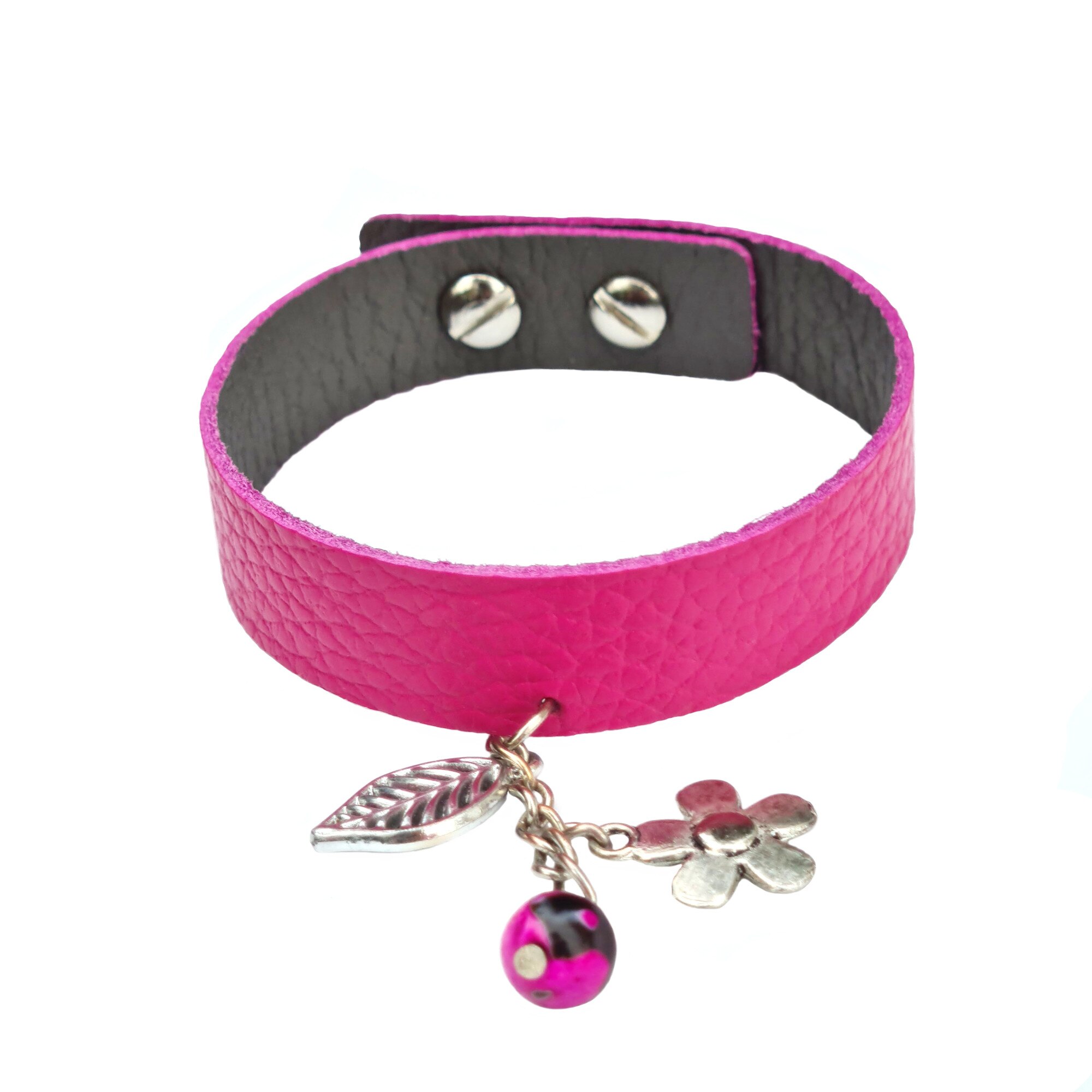 Bratara Decoranna Handcraft Charm Floral, piele naturala lucrata manual, cu accesorii metalice si agata, roz bombon