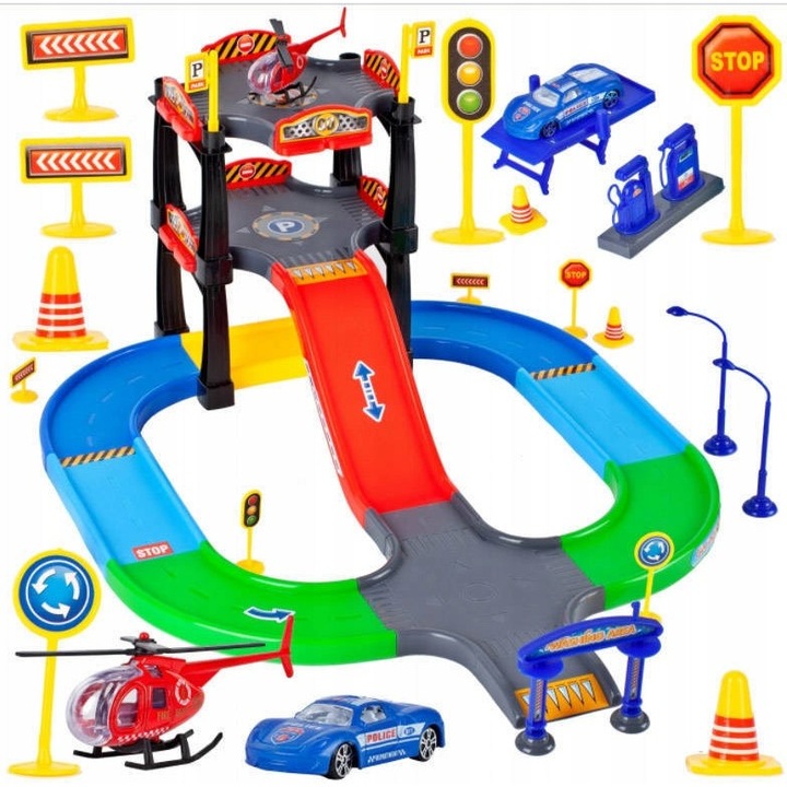 Set Parcare Interactiva pe 2 Nivele cu Heliport, Multiple Accesorii si Elemente Specifice, 46 x 36 x 18 cm, Multicolor