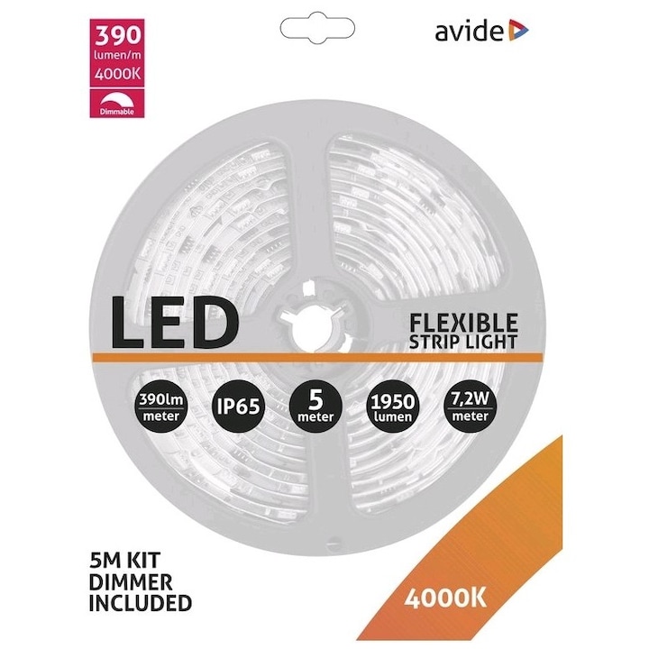 Avide LED Szalag Bliszter 12V 7.2W SMD5050 30LED 4000K IP65 5m + Fényerőszab.
