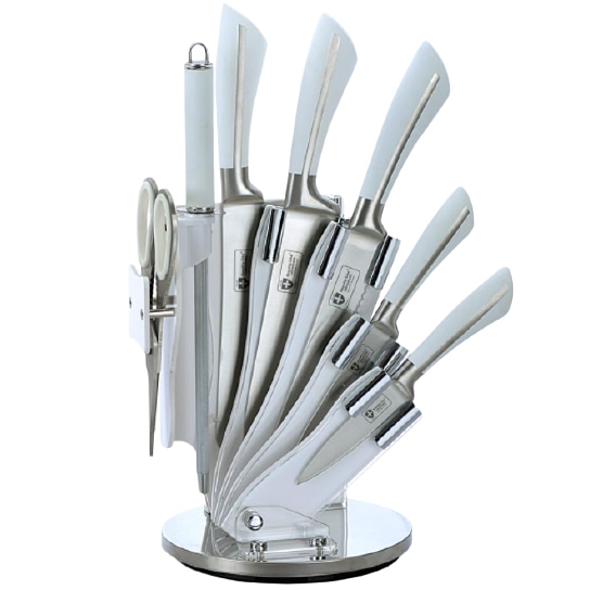 Set de 8 Cutite de Bucatarie, Usor de Curatat, Ergonomice, Maner Anti-Alunecare, Usoare, Suport Inclus, Alb