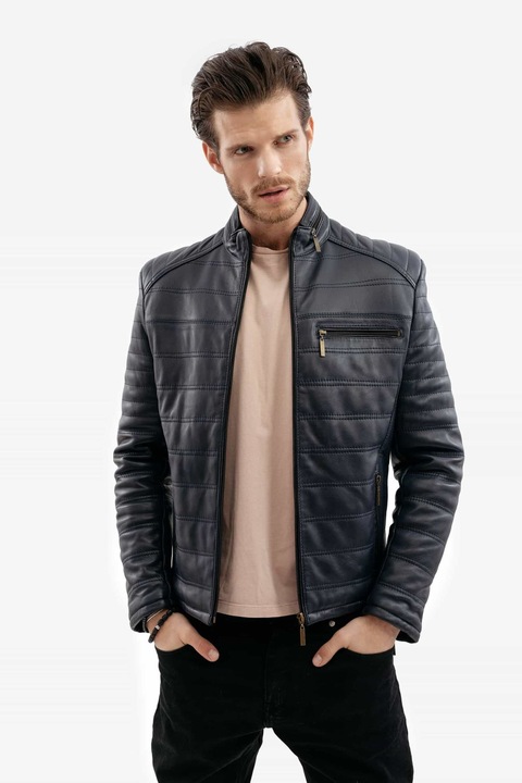 Jacheta din piele naturala, Gerali, model Matlasat, Bleumarin