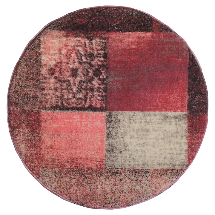 Taburet captusit Pamplona WOMO-DESIGN 38 x 36 cm rosu, rotund, cu picioare din lemn si tapiterie din material textil, stil vintage, pouf, suport pentru picioare, scaun decorativ pentru living, dormitor si intrare