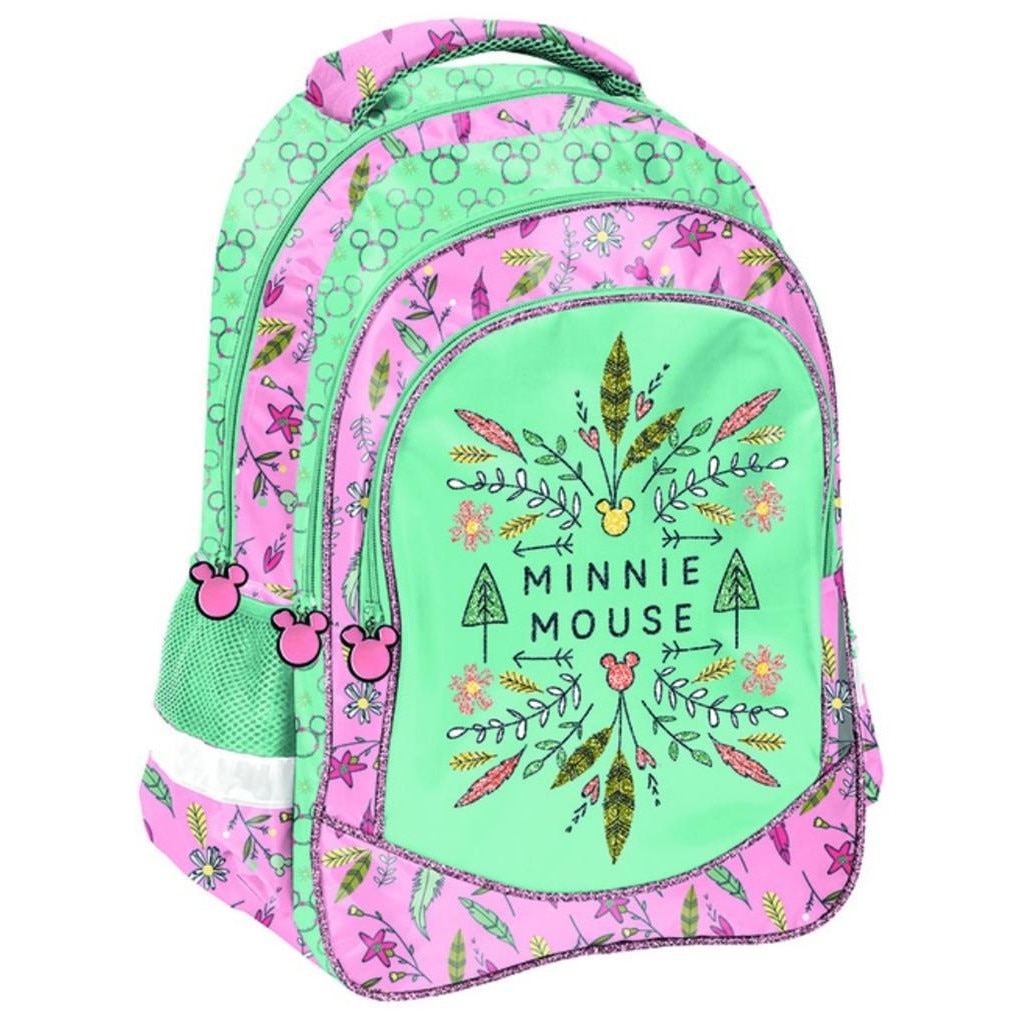 Rucsac scoala Minnie Mouse Flowers, 43x30x19 cm Roz/Verde
