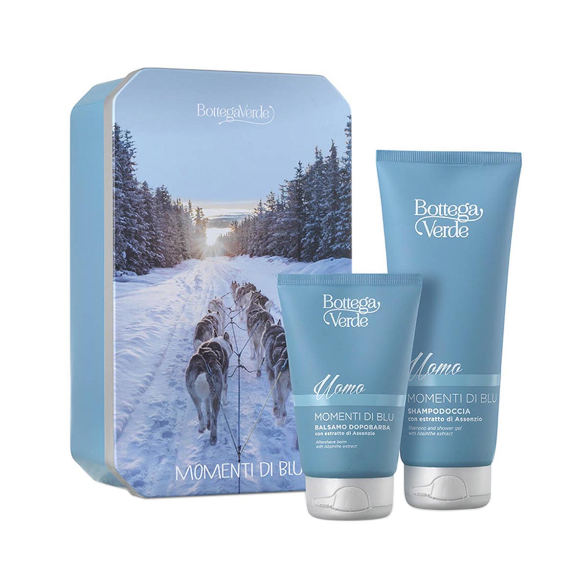 Set cadou barbati, ingrijire corp cu extract de absint, cutie metal - Momenti di Blu, 200 ML, 75 ML, Bottega Verde