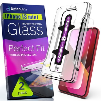 Set 2 Folii sticla pentru iPhone 13 Mini, DefenSlim, instalare usoara si rapida cu dispozitiv de potrivire automata in 30 sec cu Easy Install Kit patentat, protectie telefon Set 2 Folii sticla pentru iPhone 13 Mini, DefenSlim, instalare usoara si rapida cu dispozitiv de potrivire automata in 30 sec cu Easy Install Kit patentat, protectie telefon