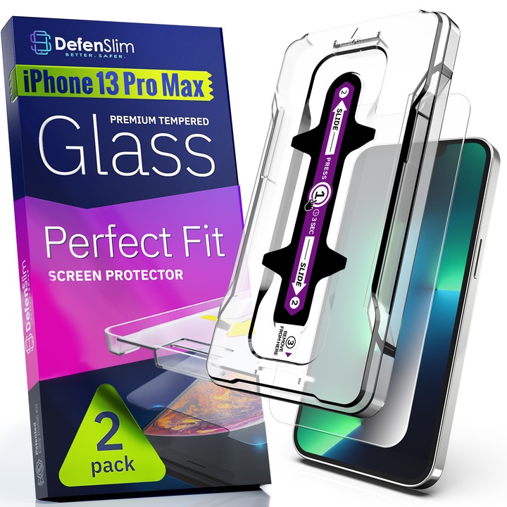 Folie sticla pentru iPhone 13 Pro Max, Set 2 buc, DefenSlim, instalare usoara si rapida cu dispozitiv de potrivire automata in 30 sec cu Easy Install Kit patentat, protectie telefon