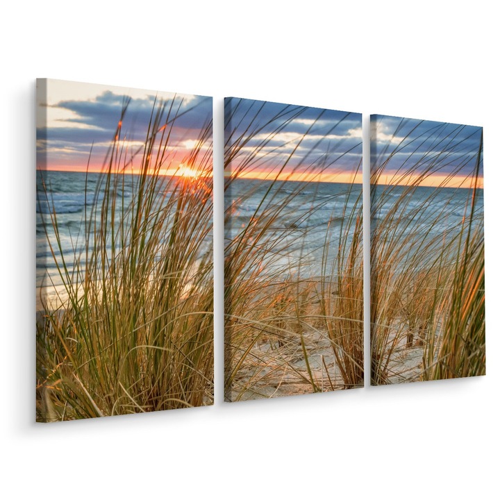 Tablou Triptic PLAJA Rasarit Priveliste 3D 120cm x 80cm Creative decor, Peisaj, Modern design, Multicanvas, Panza pe cadru de lemn