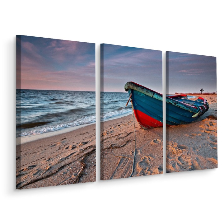 Tablou Triptic BARCA DE PESCUIT Plaja Peisaj Natura 3D 60cm x 40cm Multicanvas, Modern art, Creative decor, Decorative, Modern design, Panza pe cadru de lemn, Decoratiuni Moderne pentru Casa