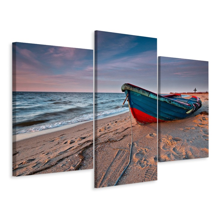 Tablou Triptic Barca PLAJA Mare Peisaj 3D 60cm x 40cm Multicanvas, Modern art, Creative decor, Decorative, Panza pe cadru de lemn, Decoratiuni Moderne pentru Casa