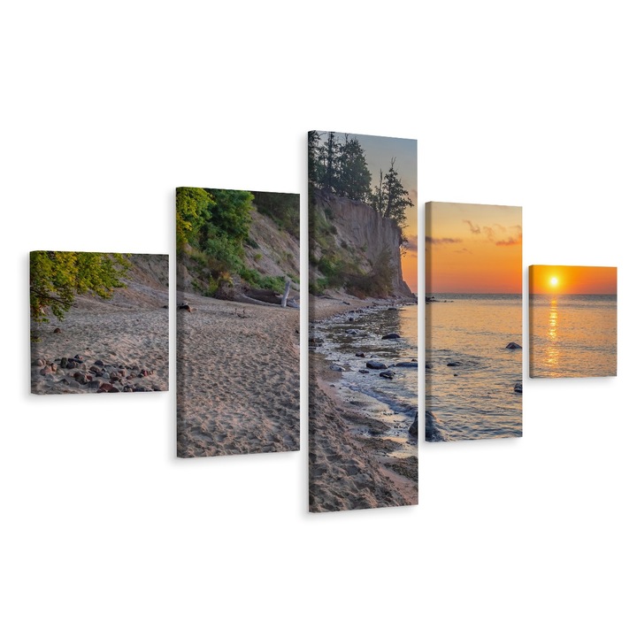 Tablou 5 Piese Apus la Mare 250cm x 150cm Canvas, Peisaj, Efect 3D, Soare, Copaci, Natura, Panza pe cadru de lemn, Decoratiuni Moderne pentru Casa