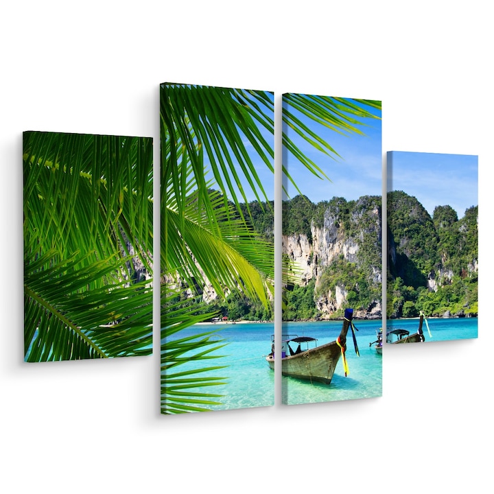 Картина 4 части Тропически Пейзаж 3D 80cm x 60cm Multicanvas, Растения, Модерен дизайн, Платно върху дървена рамка, Модерни декорации за дома