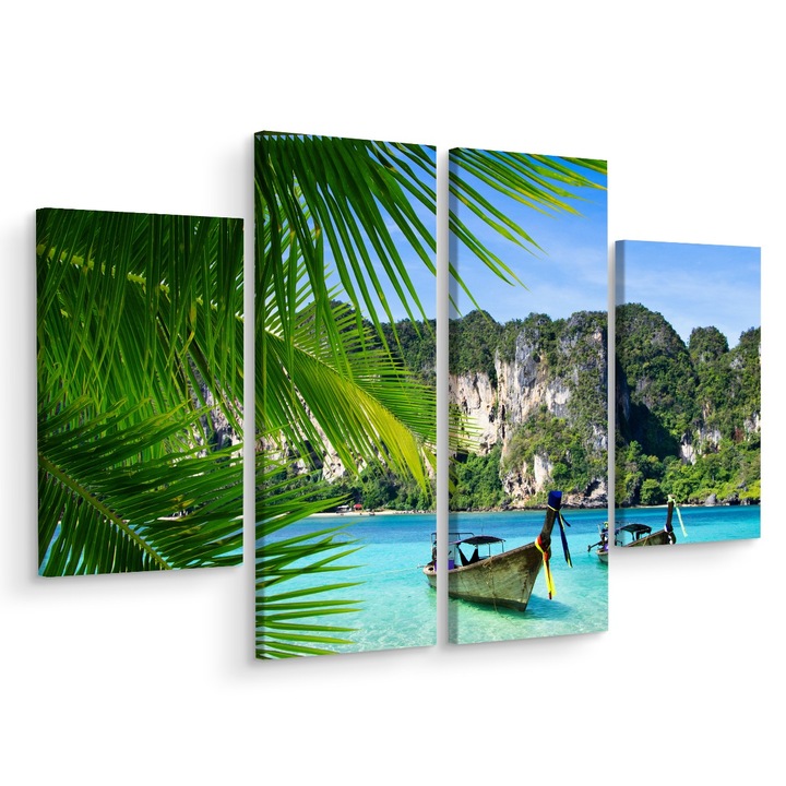 Tablou 4 Piese PEISAJ Tropical 3D 80cm x 60cm Multicanvas, Plantele, Modern design, Panza pe cadru de lemn, Decoratiuni Moderne pentru Casa