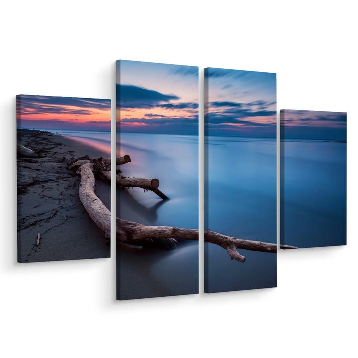 Tablou 4 Piese MARE Plaja Peisaj 3D 120cm x 90cm Cerul roz, Multicanvas, Natura, Decorative, Panza pe cadru de lemn, Decoratiuni Moderne pentru Casa