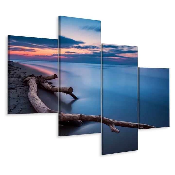 Tablou 4 Piese PLAJA Mare Peisaj 3D 80cm x 50cm Cerul roz, Multicanvas, Decorative, Panza pe cadru de lemn, Decoratiuni Moderne pentru Casa