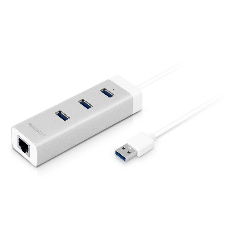 Hub USB cu 3 porturi cu adaptor Gigabit Ethernet, Macally USB 3.0 HUB, alb