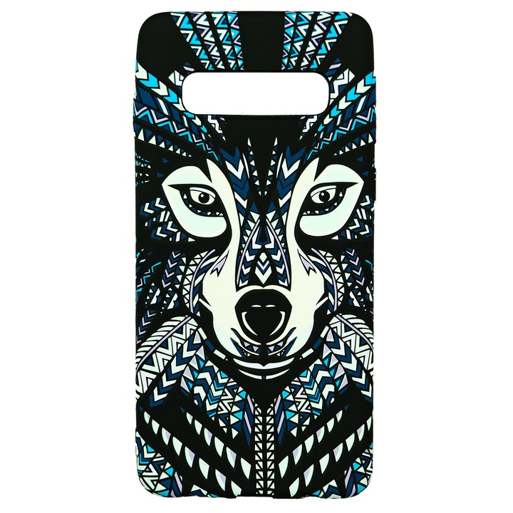 Husa de telefon, LUXO, compatibil cu Samsung Galaxy S10 Plus, model Tribal Wolf cu efect fosforescent, TPU, multicolor