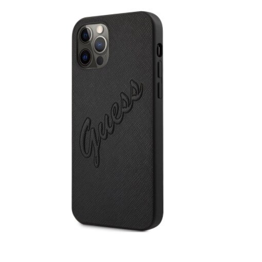 Husa Piele Guess Saffiano Vintage Script pentru Apple iPhone 12 / Apple iPhone 12 Pro, Neagra GUHCP12MRSAVSBK