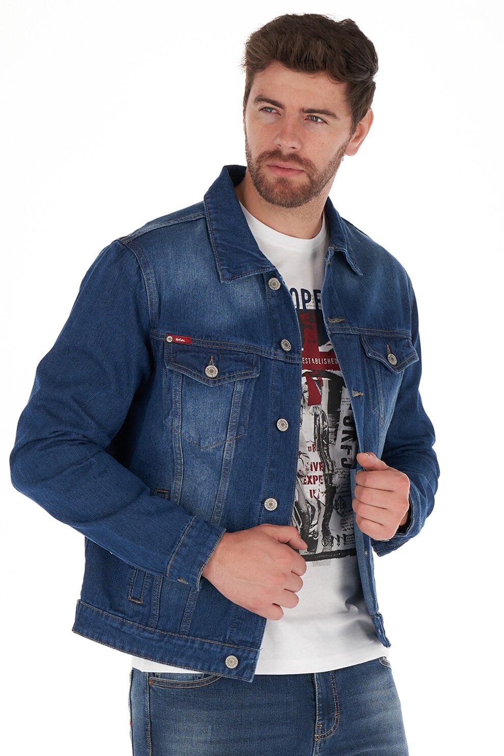 Lee Cooper, Jacheta de denim cu aspect decolorat, Albastru inchis