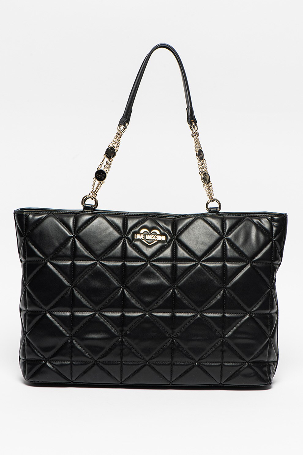 Love Moschino, Geanta de piele ecologica cu bareta de umar si manere din lant, Negru