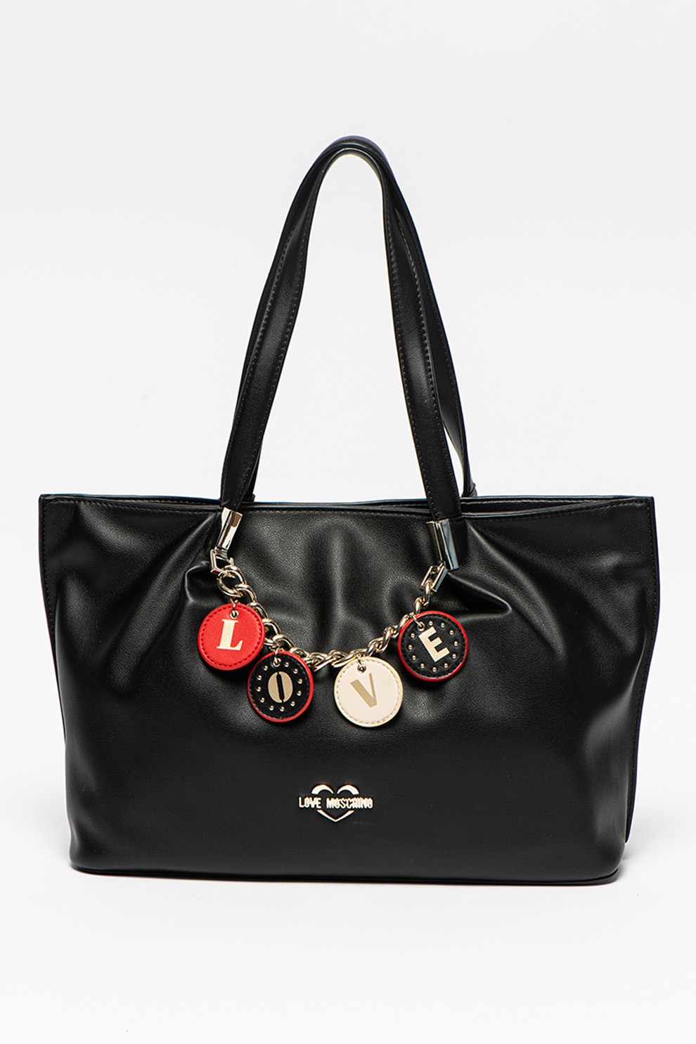 Love Moschino, Geanta shopper de piele ecologica cu lant decorativ, Negru