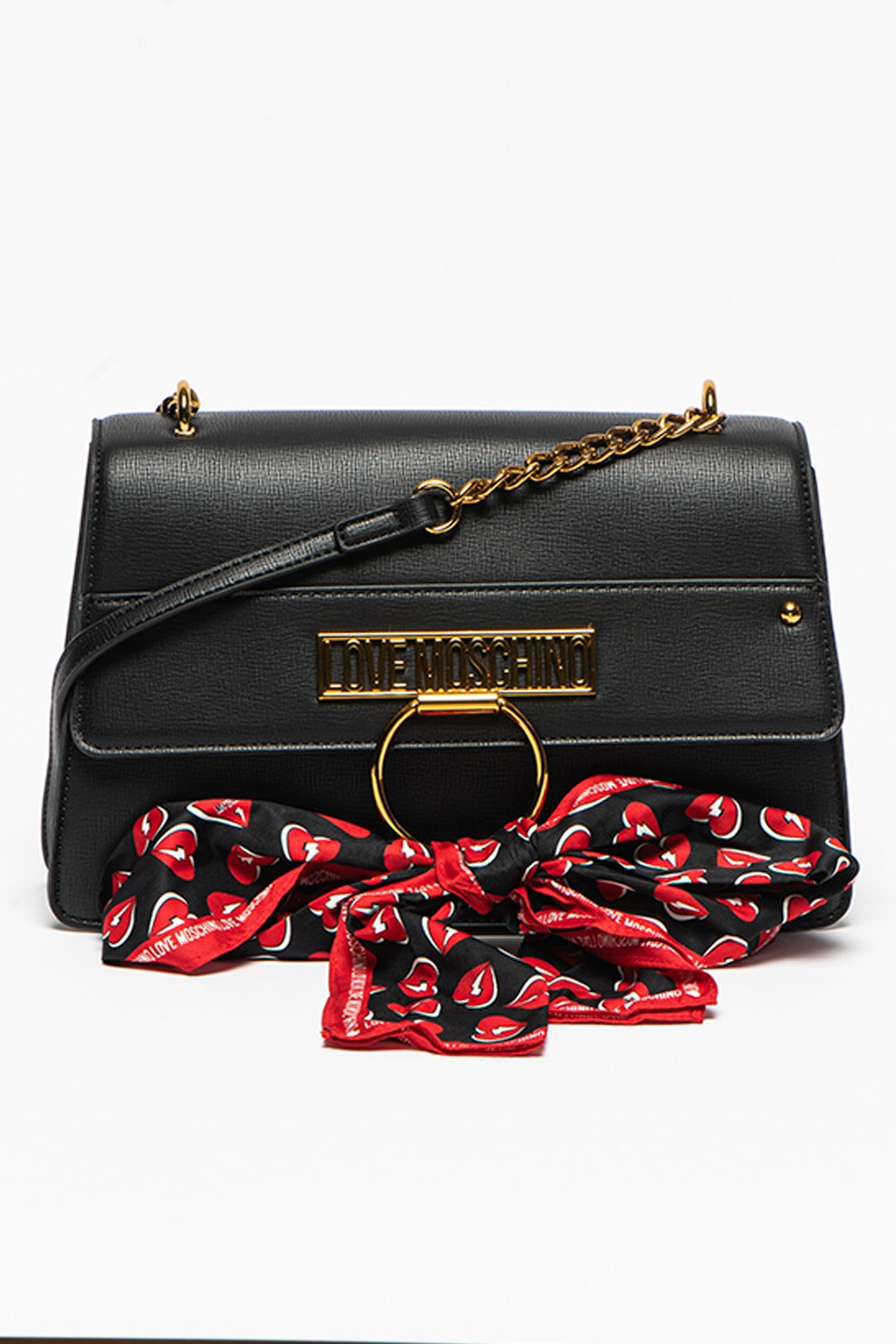 Love Moschino, Geanta de piele ecologica cu bareta de umar si esarfa, Negru/Auriu