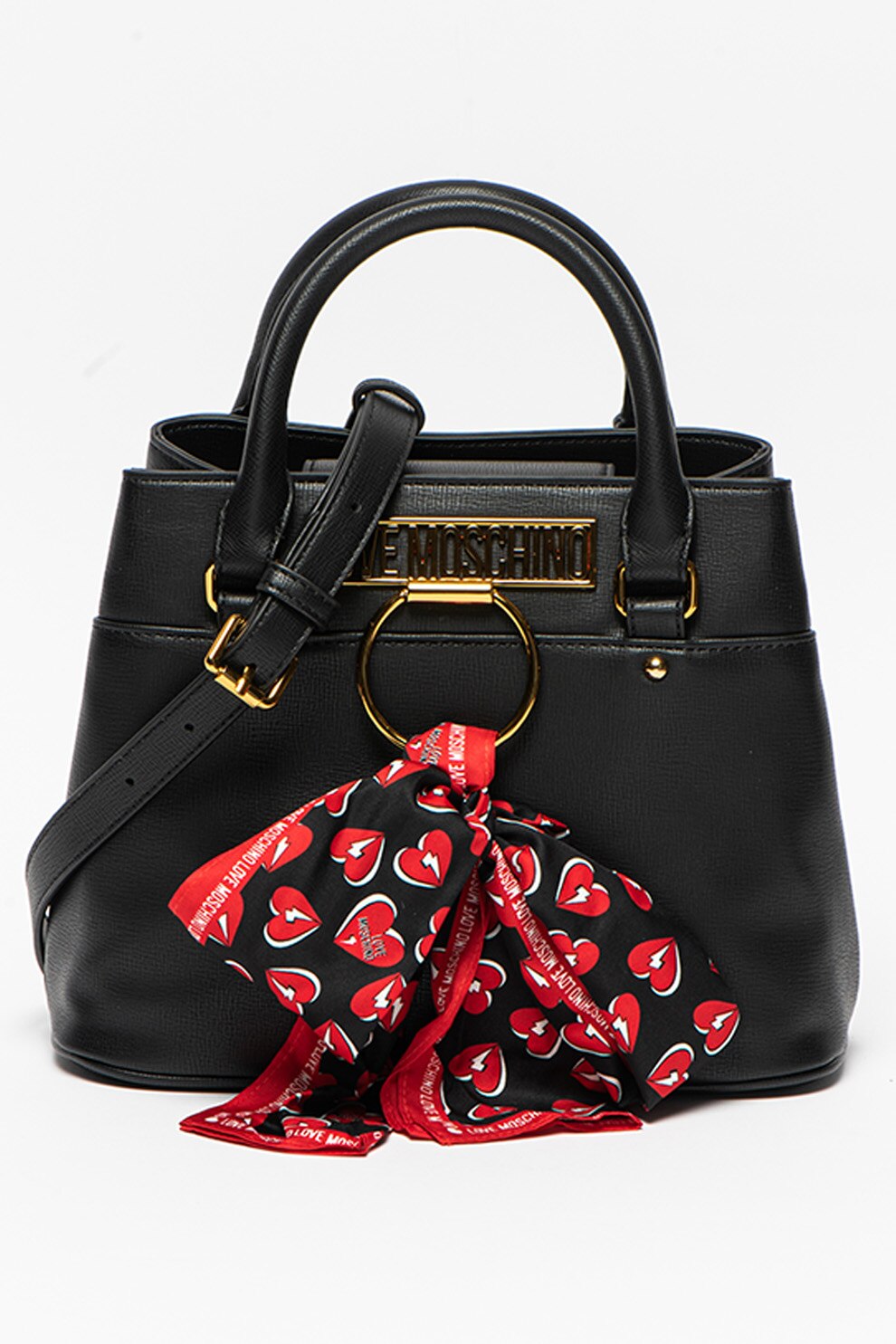 Love Moschino, Geanta crossbody de piele ecologica cu logo metalic, Negru