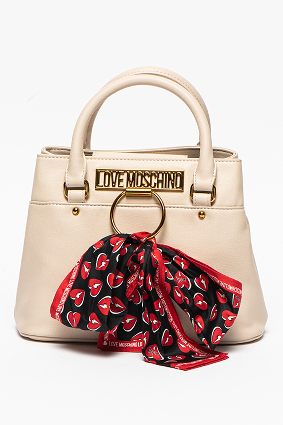 Love Moschino, Geanta crossbody de piele ecologica cu logo metalic, Maro nisip/Negru/Rosu