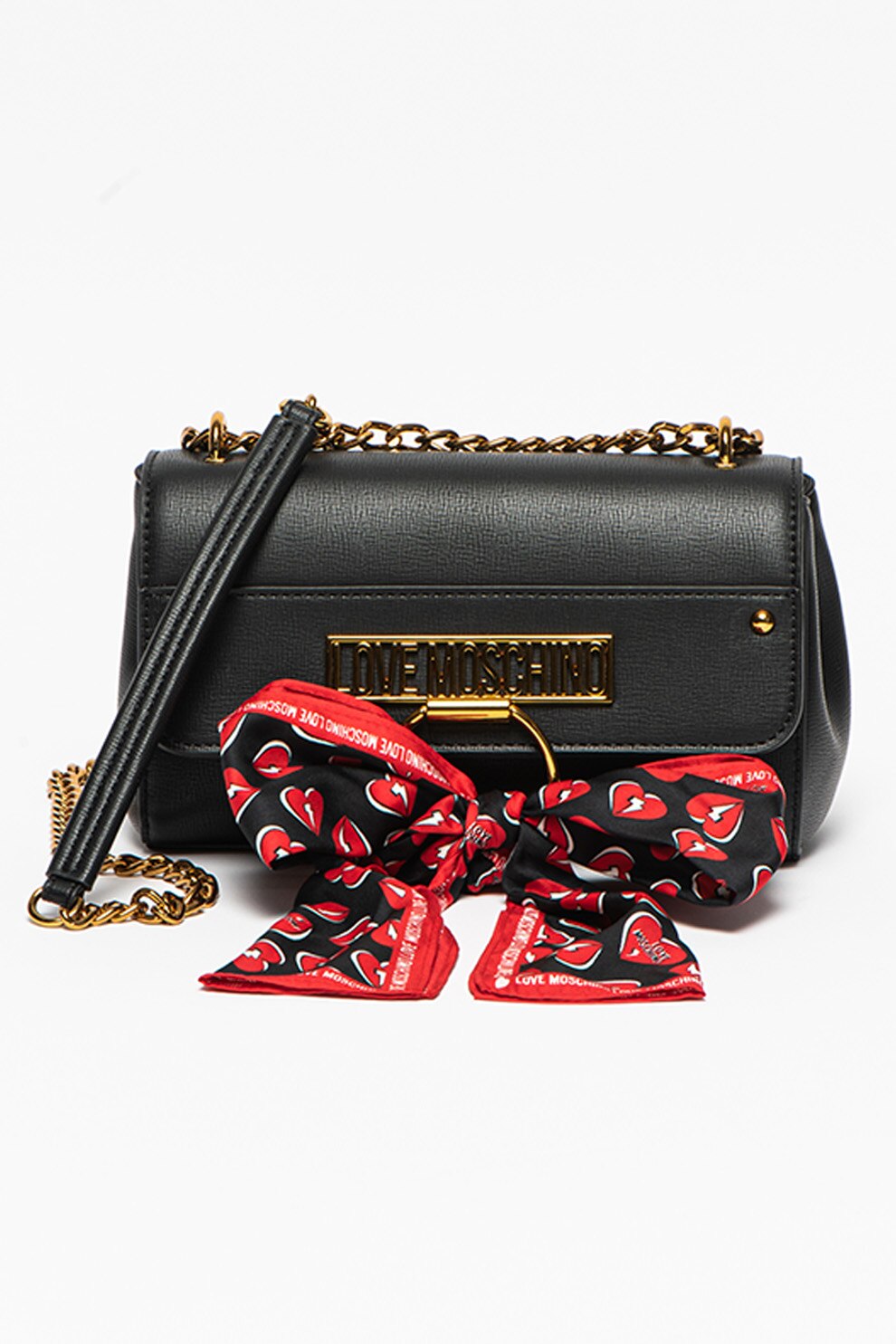 Love Moschino, Geanta crossbody de piele ecologica cu esarfa, Negru/Auriu/Rosu