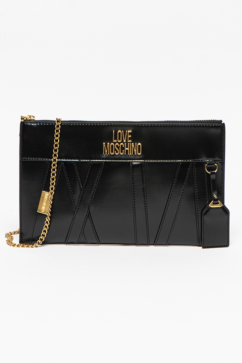 Love Moschino, Geanta crossbody de piele ecologica cu aplicatie logo metalica, Negru/Auriu