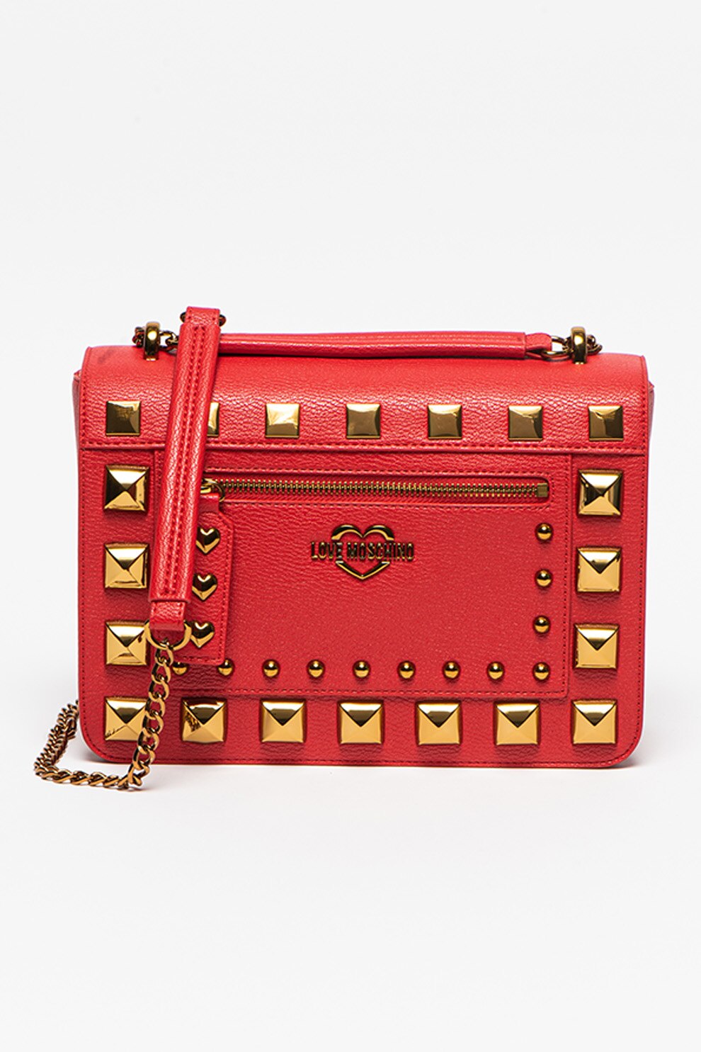 Love Moschino, Geanta de piele ecologica cu bareta de umar si aplicatii de nituri si tinte, Rosu/Auriu