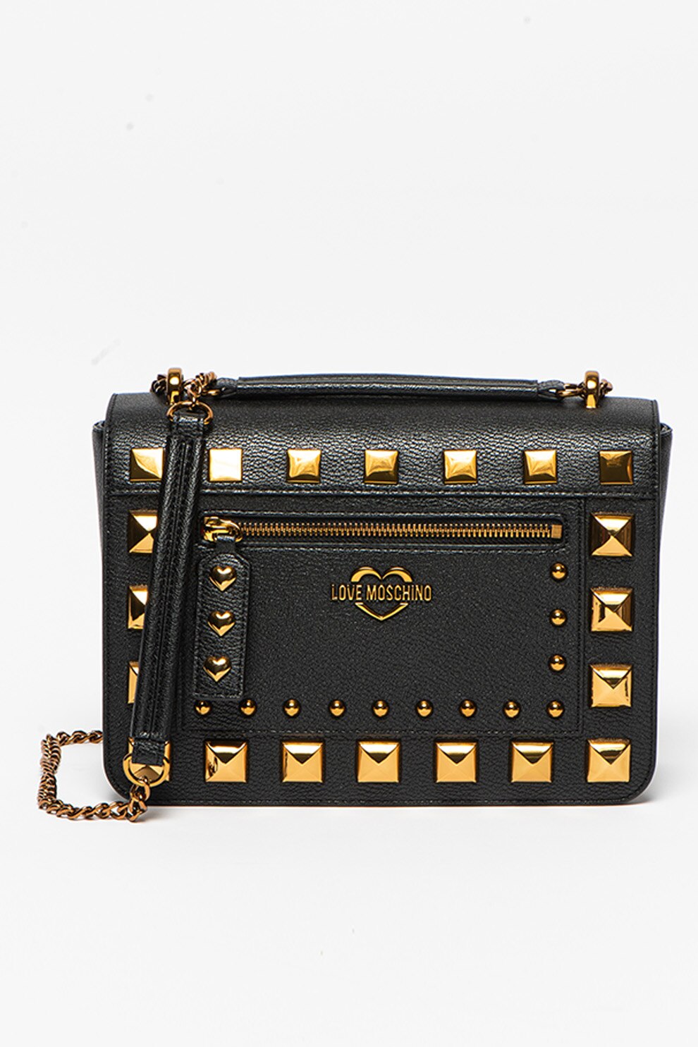 Love Moschino, Geanta de piele ecologica cu bareta de umar si aplicatii de nituri si tinte, Negru/Auriu