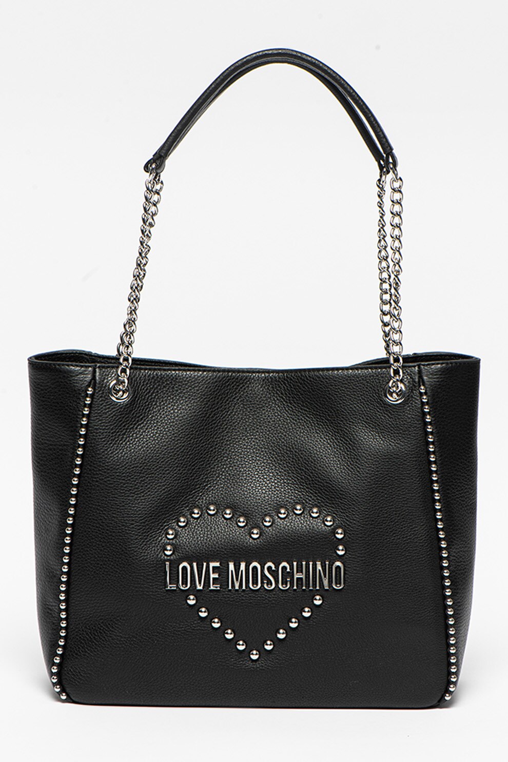 Love Moschino, Geanta de piele ecologica cu bareta de umar si aplicatii de nituri, Negru/Argintiu