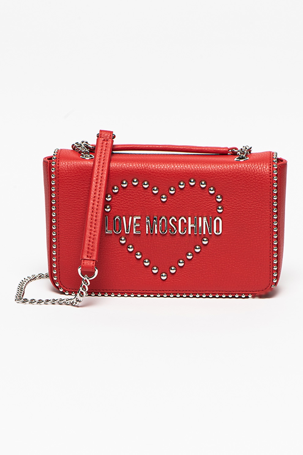 Love Moschino, Geanta crossbody de piele ecologica cu aplicatii de nituri, Rosu/Argintiu