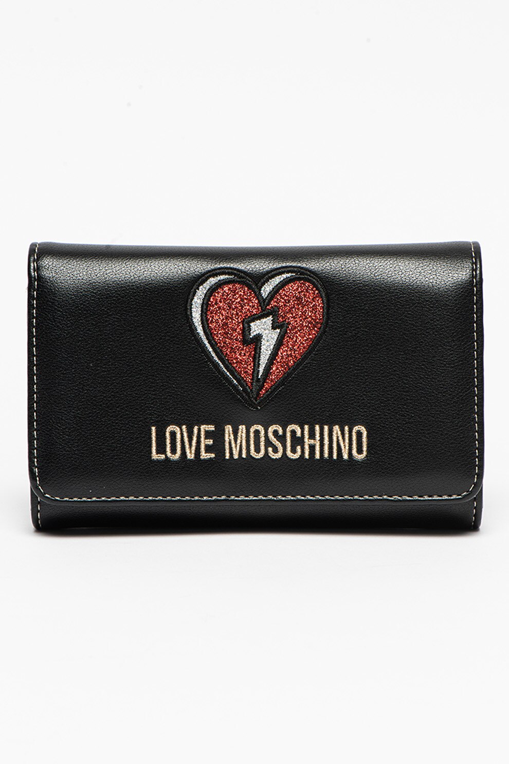 Love Moschino, Portofel de piele ecologica cu logo brodat, Negru/Argintiu/Rosu