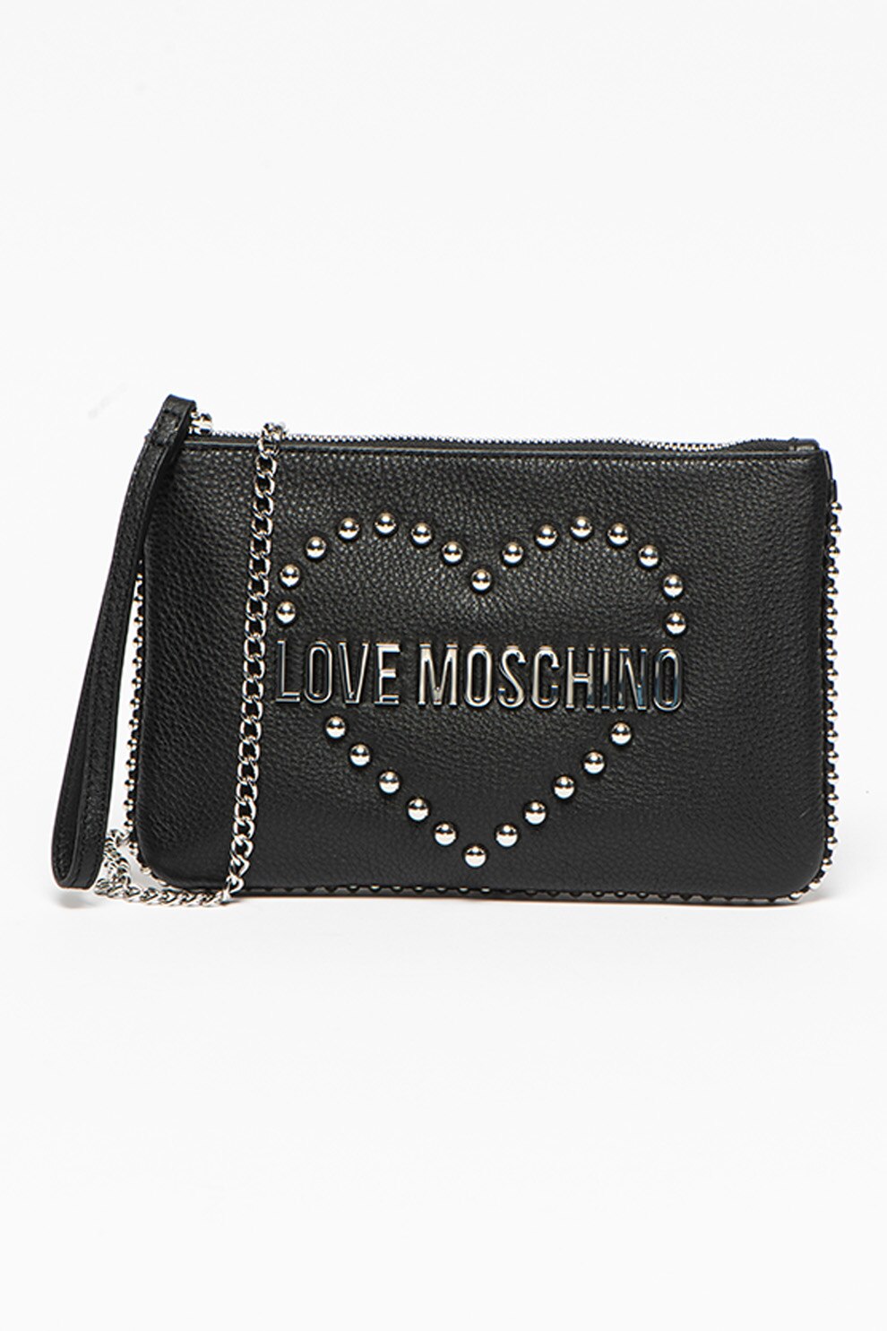 Love Moschino, Etui de piele cu bareta detasabila de lant, Negru/Argintiu