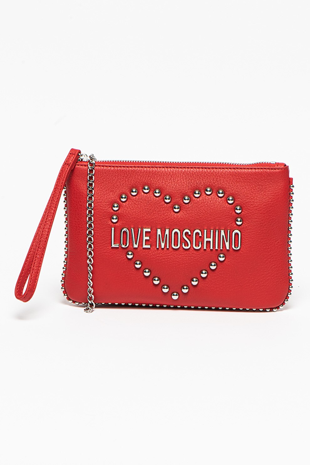 Love Moschino, Etui de piele cu bareta detasabila de lant, Rosu/Argintiu