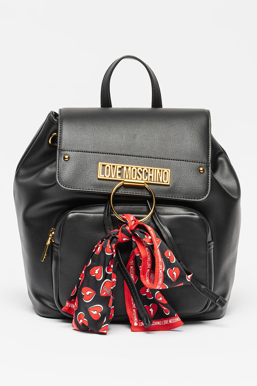 Love Moschino, Rucsac de piele ecologica cu esarfa, Negru