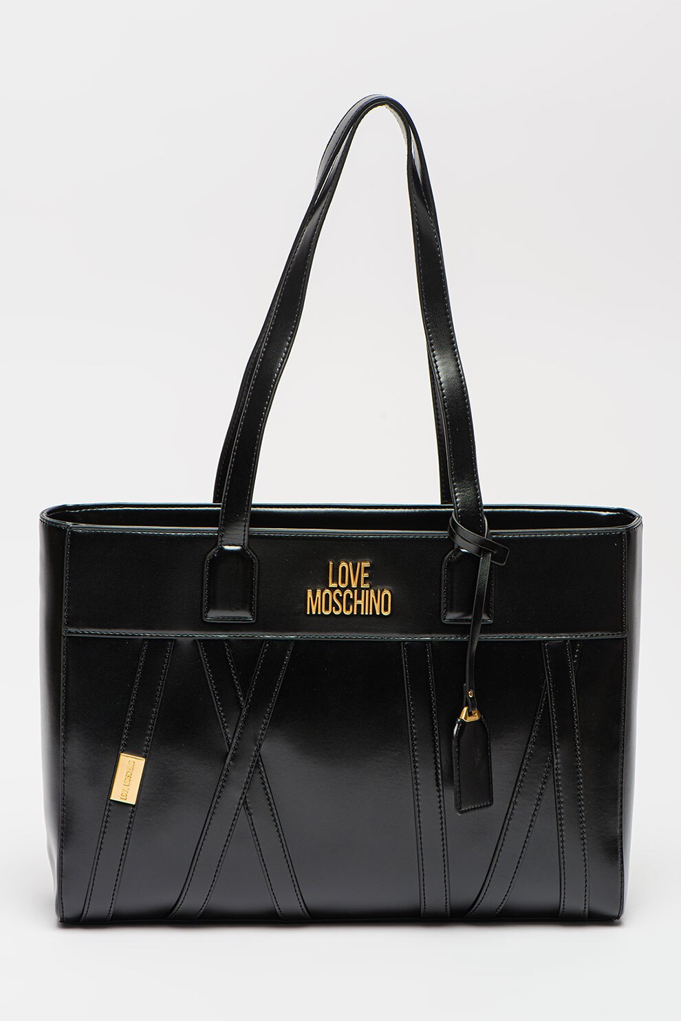 Love Moschino, Geanta de piele ecologica cu bareta de umar si logo, Negru