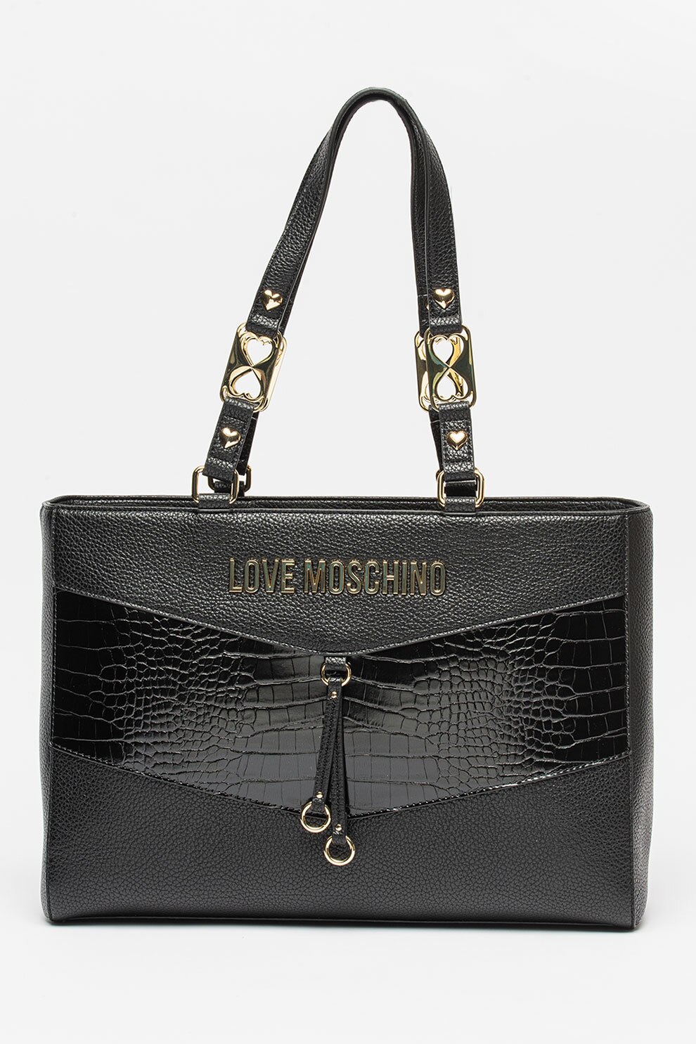 Love Moschino, Geanta de piele ecologica cu bareta de umar si logo, Negru/Auriu