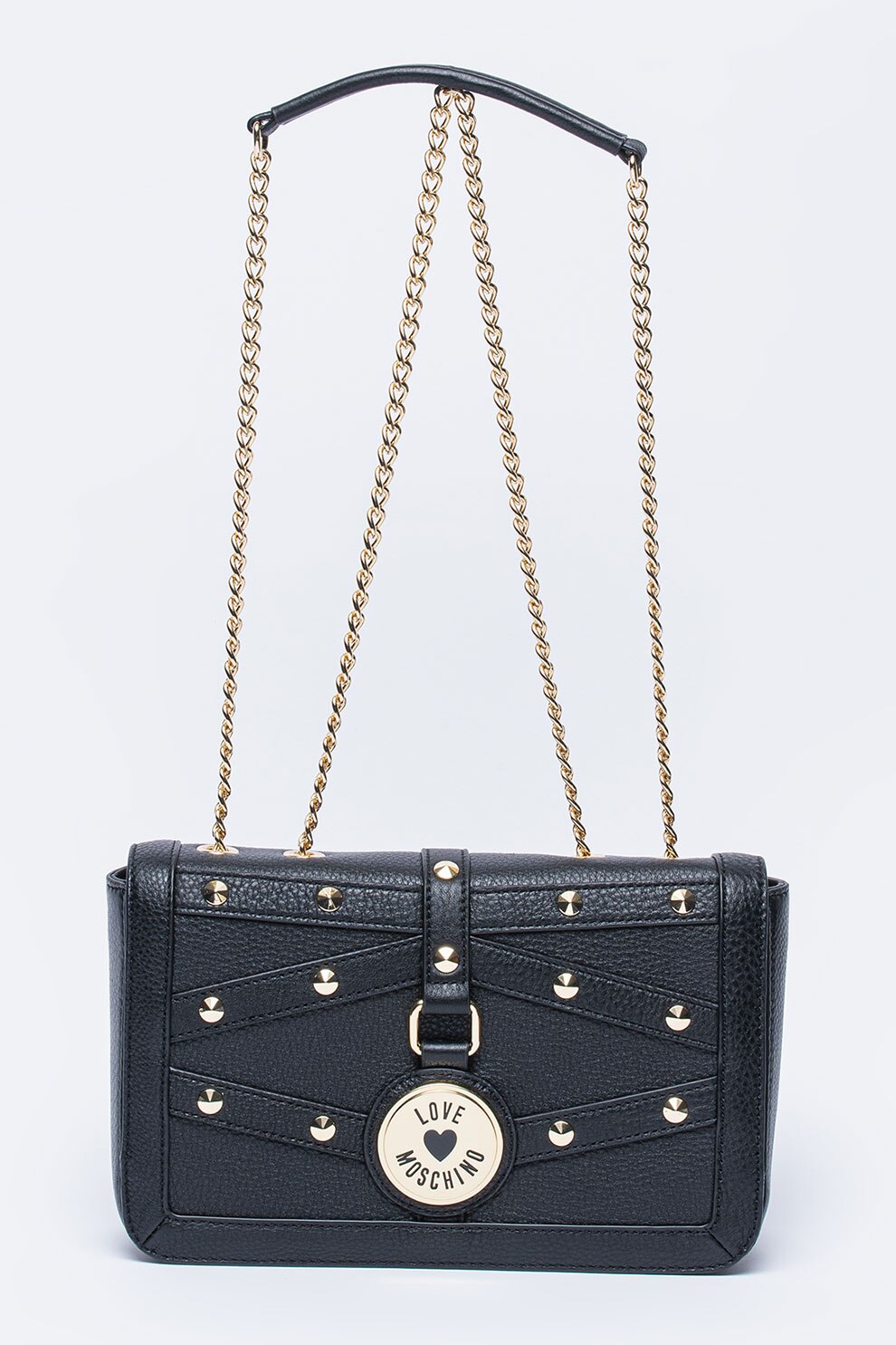 Love Moschino, Geanta crossbody de piele cu bareta din lant, Negru/Auriu