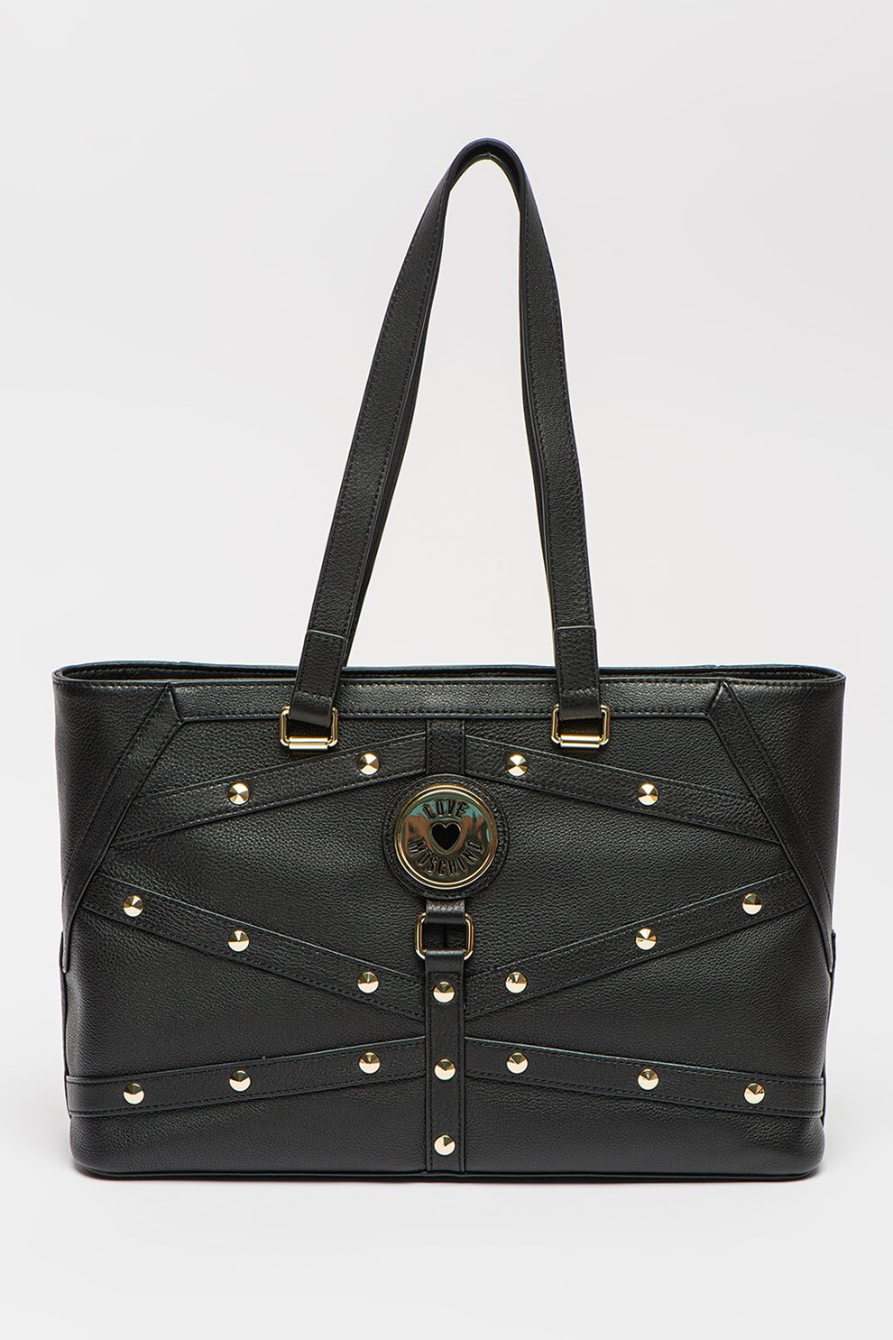 Love Moschino, Geanta shopper de piele cu logo, Negru/Auriu