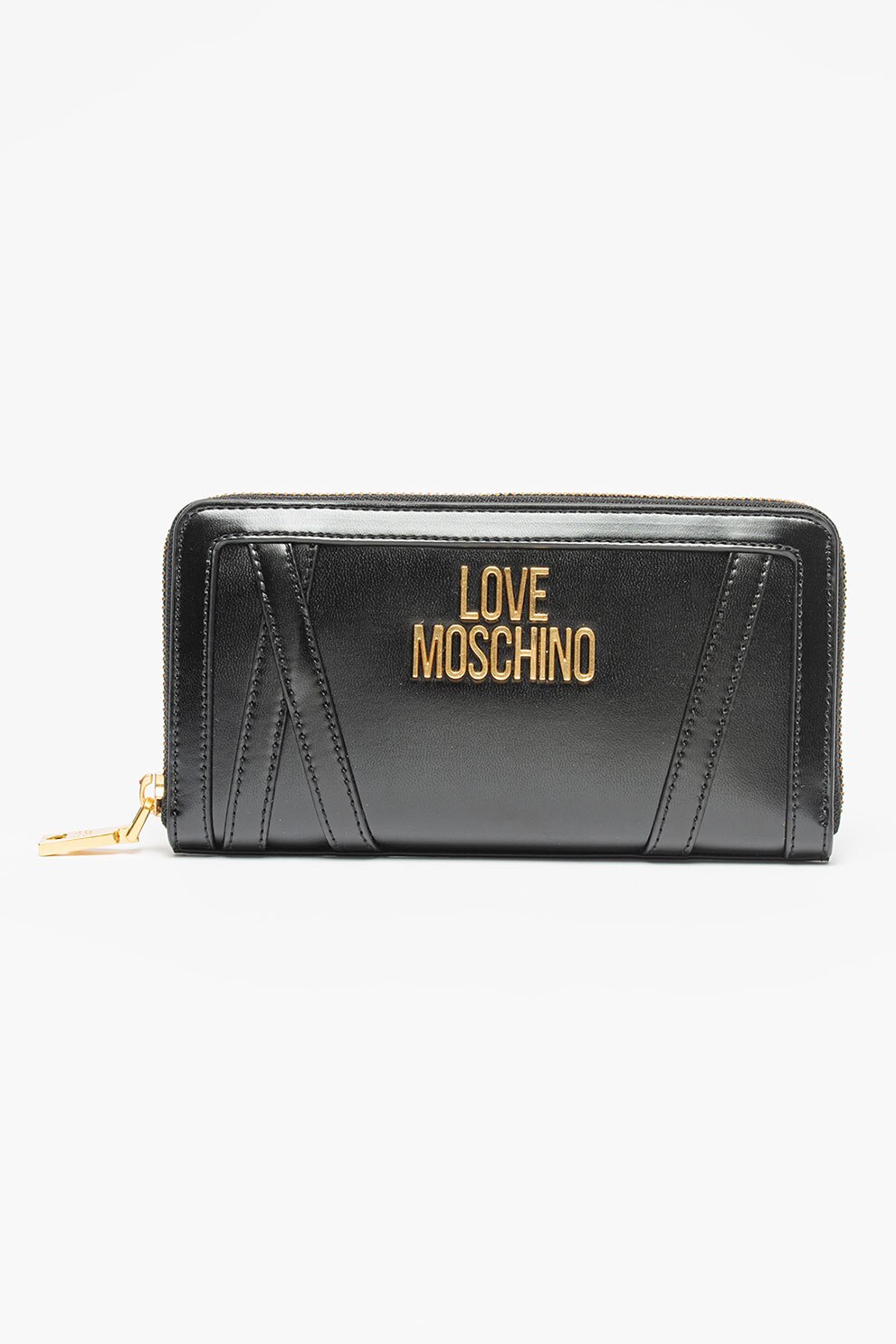 Love Moschino, Portofel de piele ecologica cu fermoar si logo, Negru/Auriu