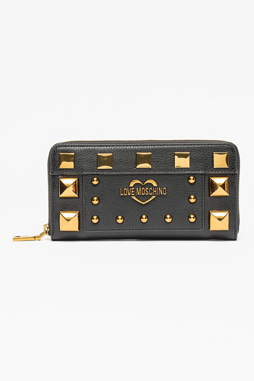 Love Moschino, Portofel de piele ecologica cu fermoar si logo, Negru