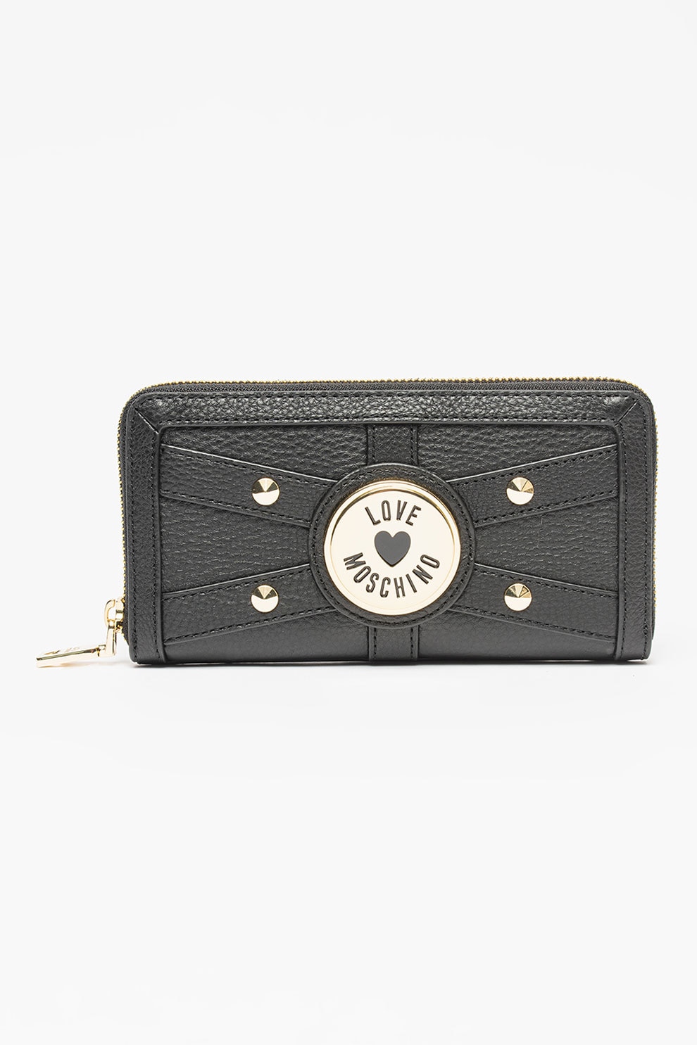 Love Moschino, Portofel de piele cu fermoar si logo, Negru/Auriu